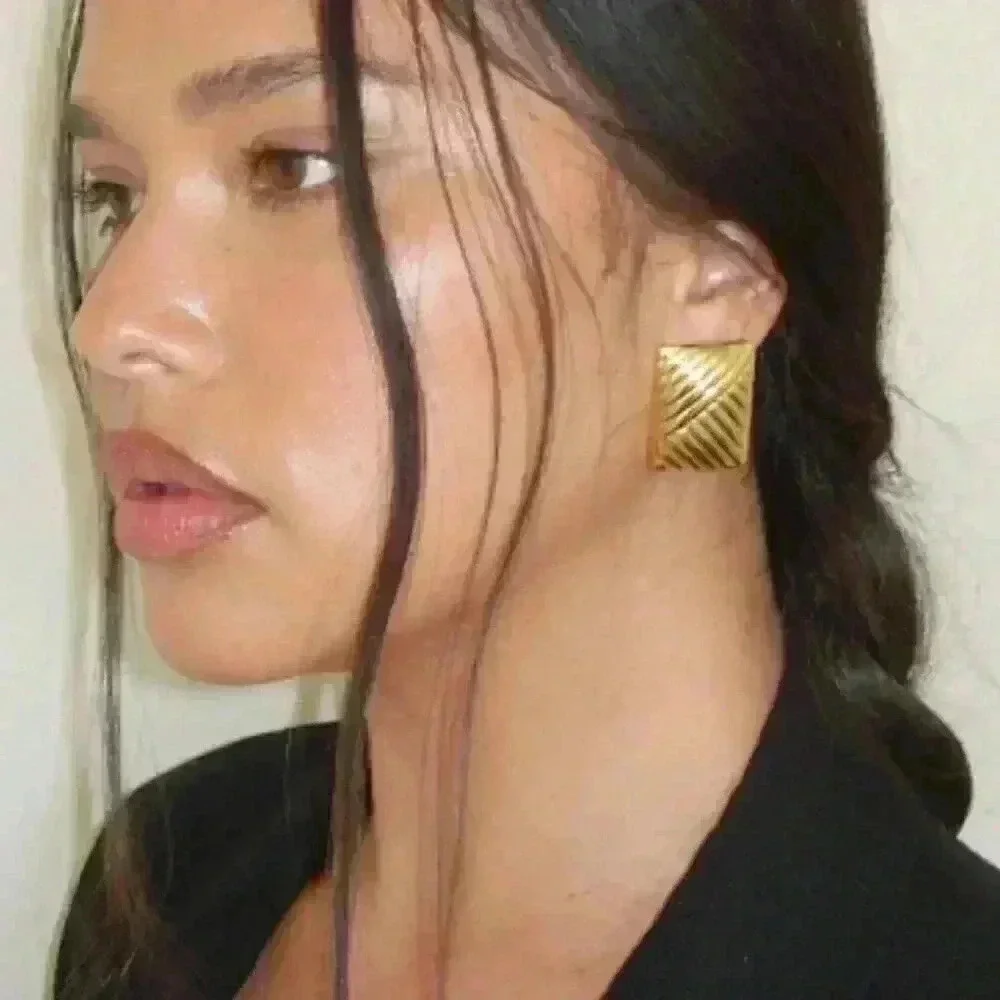 Yellow Gold Women's 18K Gold Plated Stainless Steel Striped Earring